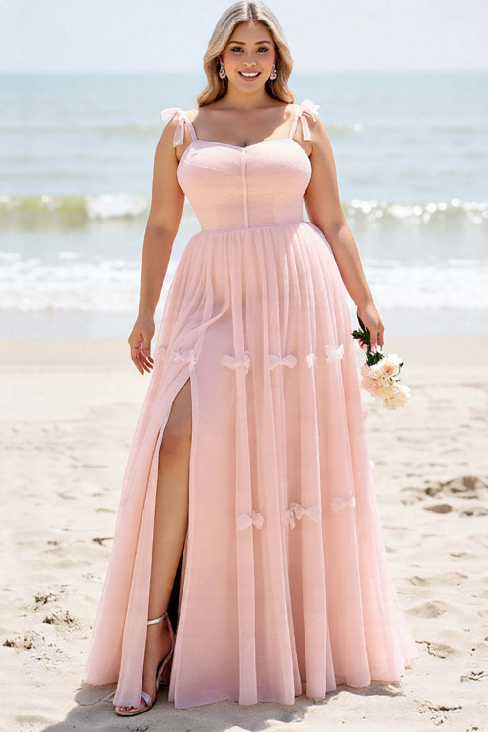 Blush Pink Spaghetti Straps Maxi A Line Bridesmaid Dress with Bow