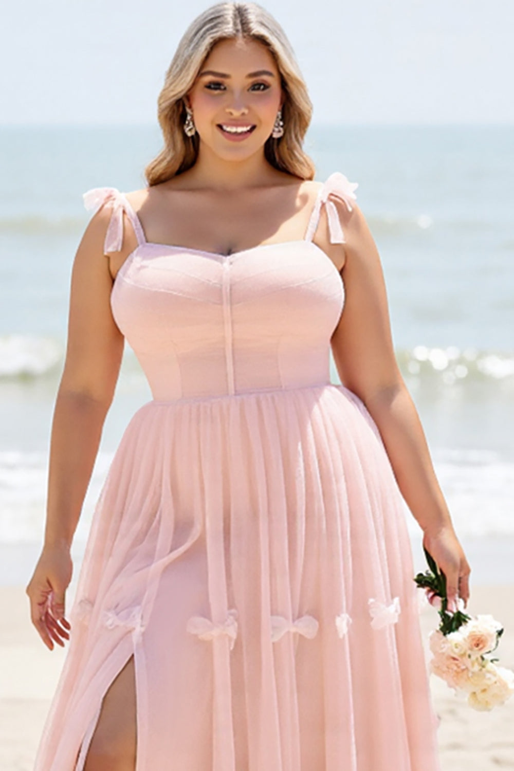 Blush Pink Spaghetti Straps Maxi A Line Bridesmaid Dress with Bow