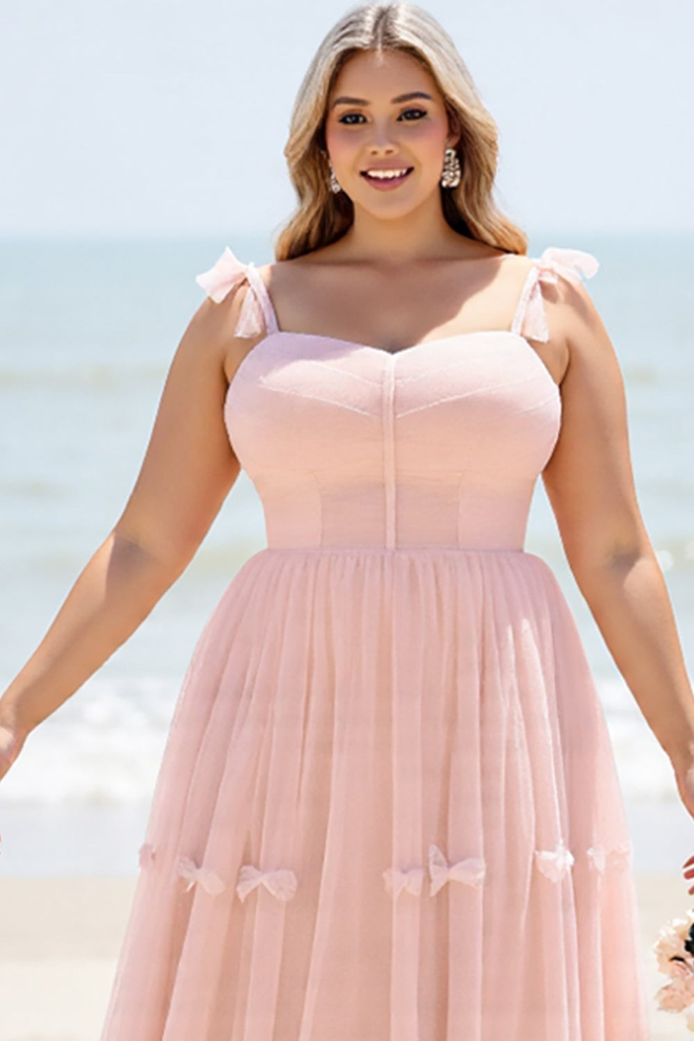 Blush Pink Spaghetti Straps Maxi A Line Bridesmaid Dress with Bow
