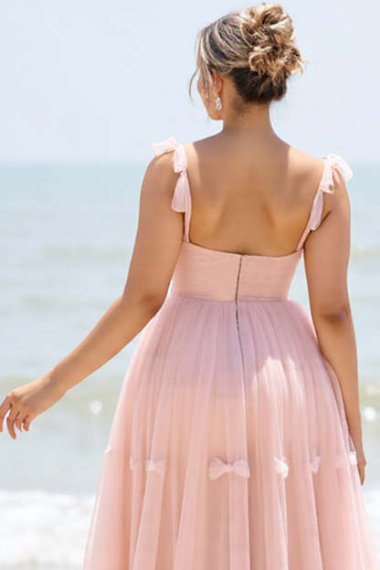 Blush Pink Spaghetti Straps Maxi A Line Bridesmaid Dress with Bow
