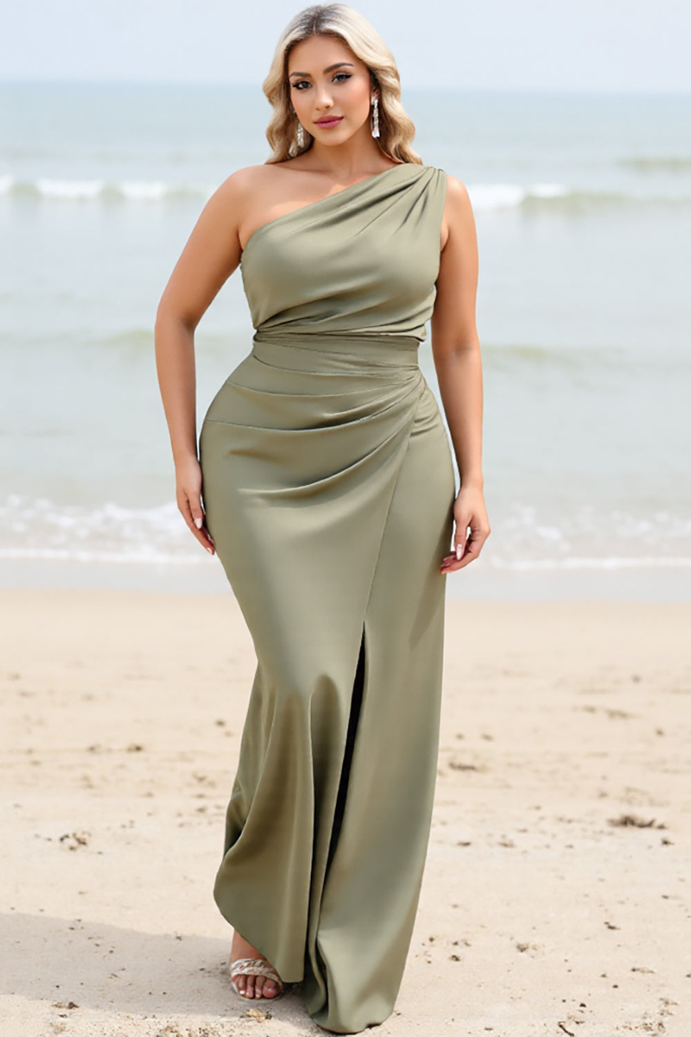 Olive Sheath Satin One Shoulder Maxi Bridesmaid Dress with Slit