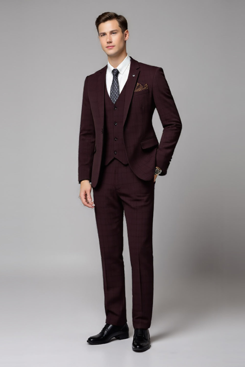 Burgundy 2 Piece Notched Lapel Men's Formal Suits