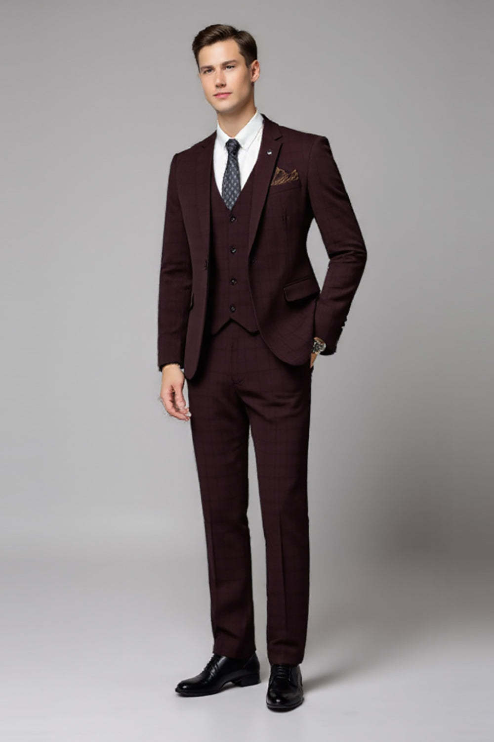 Burgundy 2 Piece Notched Lapel Men's Formal Suits