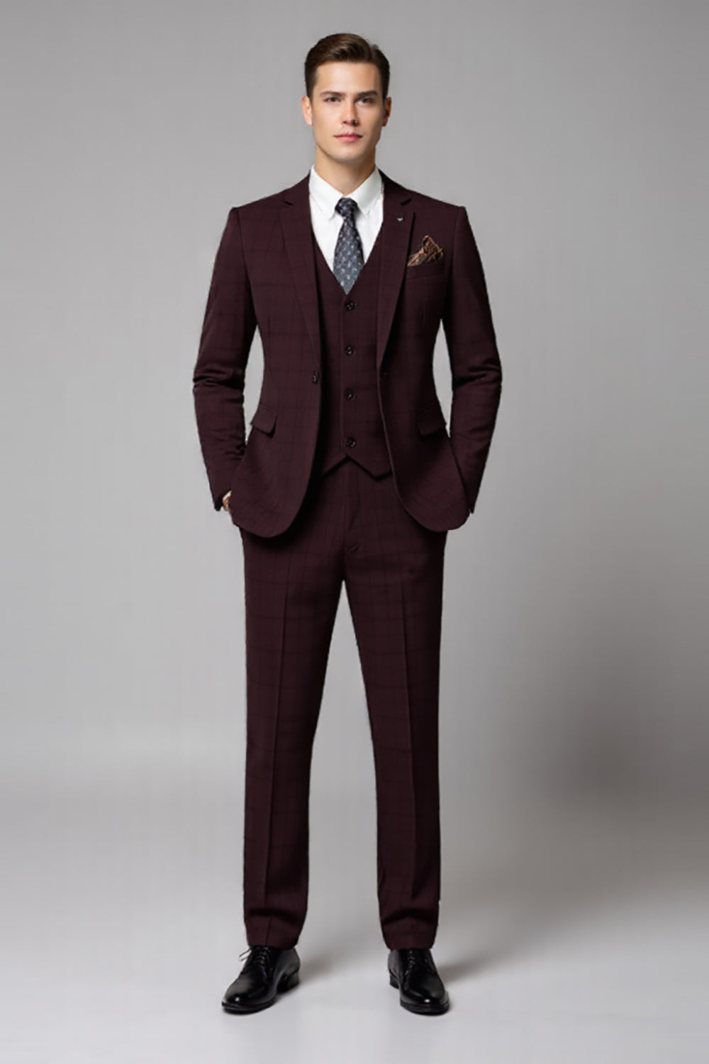 Burgundy 2 Piece Notched Lapel Men's Formal Suits