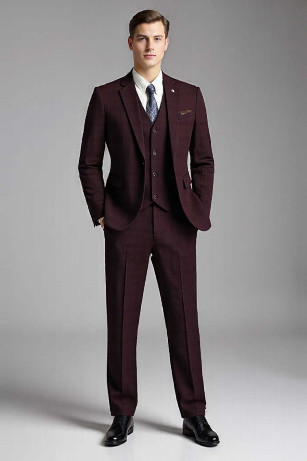 Burgundy 3 Piece Notched Lapel Slim Fit Men's Suits