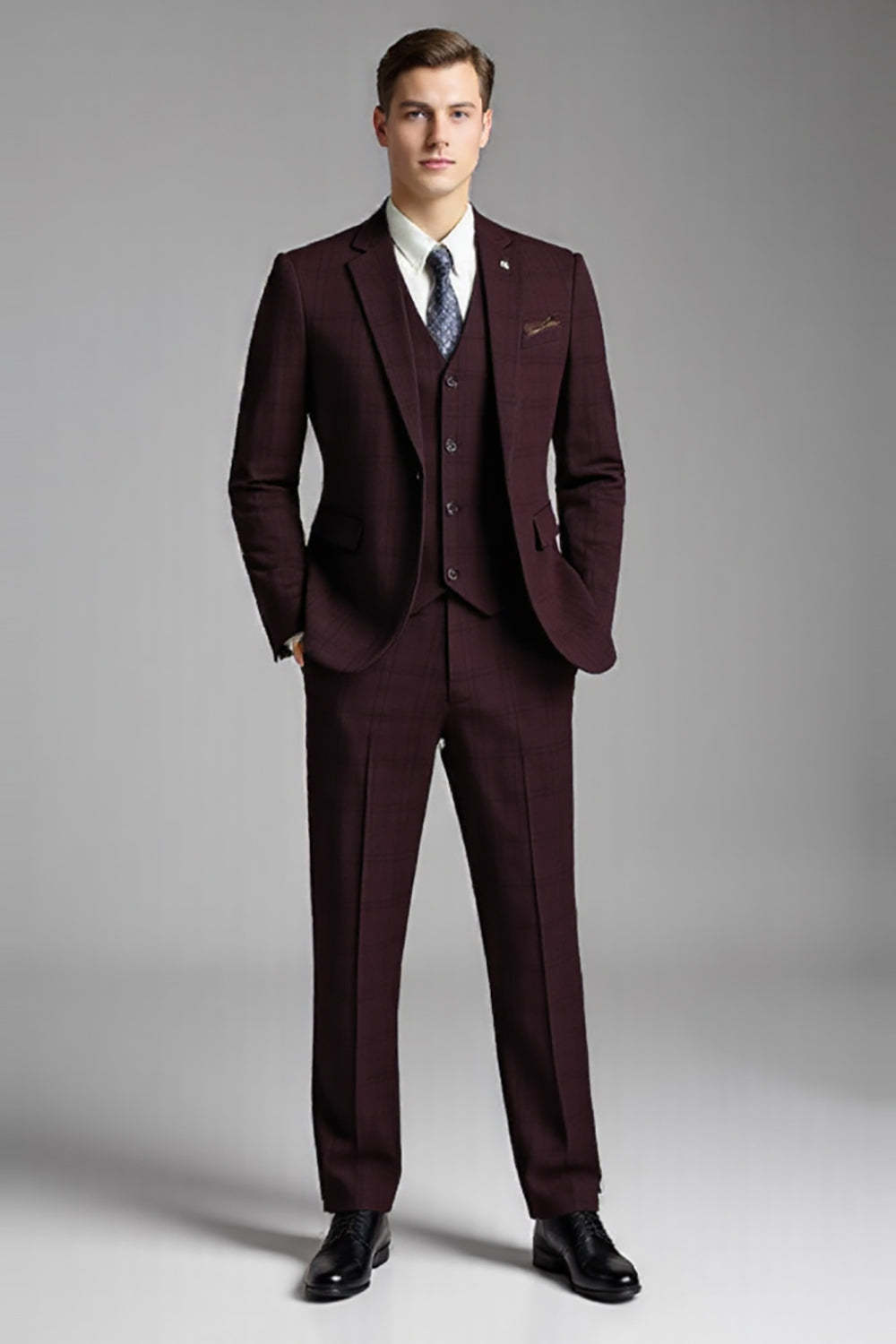 Burgundy 3 Piece Notched Lapel Slim Fit Men's Suits