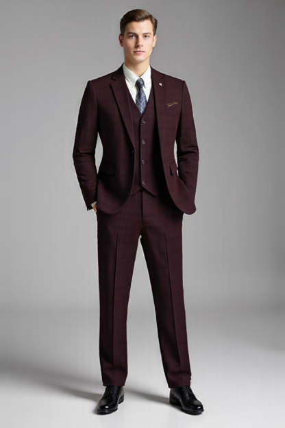 Burgundy 3 Piece Notched Lapel Slim Fit Men's Suits