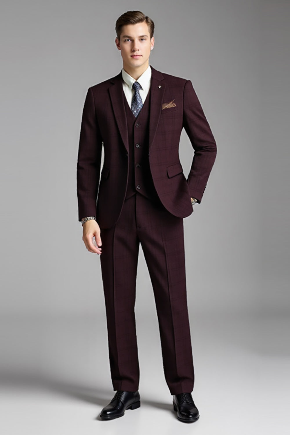 Leely Men Burgundy 3 Piece Men's Suits Plaid Notched Lapel Slim Fit Formal Suits