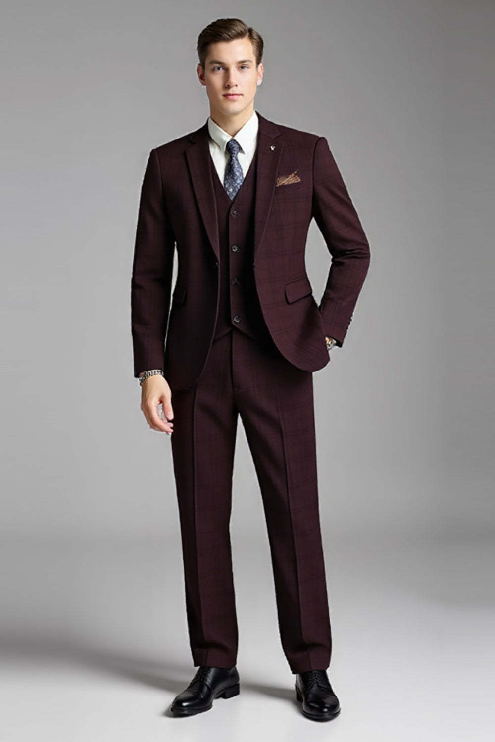 Leely Men Burgundy 3 Piece Men's Suits Plaid Notched Lapel Slim Fit Formal Suits