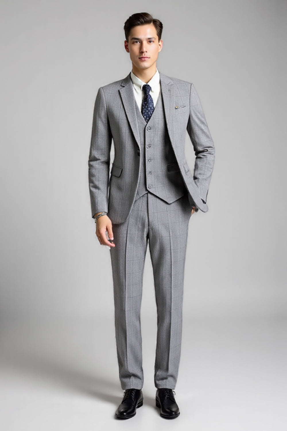 Slim Fit Notched Lapel 3 Piece Plaid Grey Men's Wedding Suits