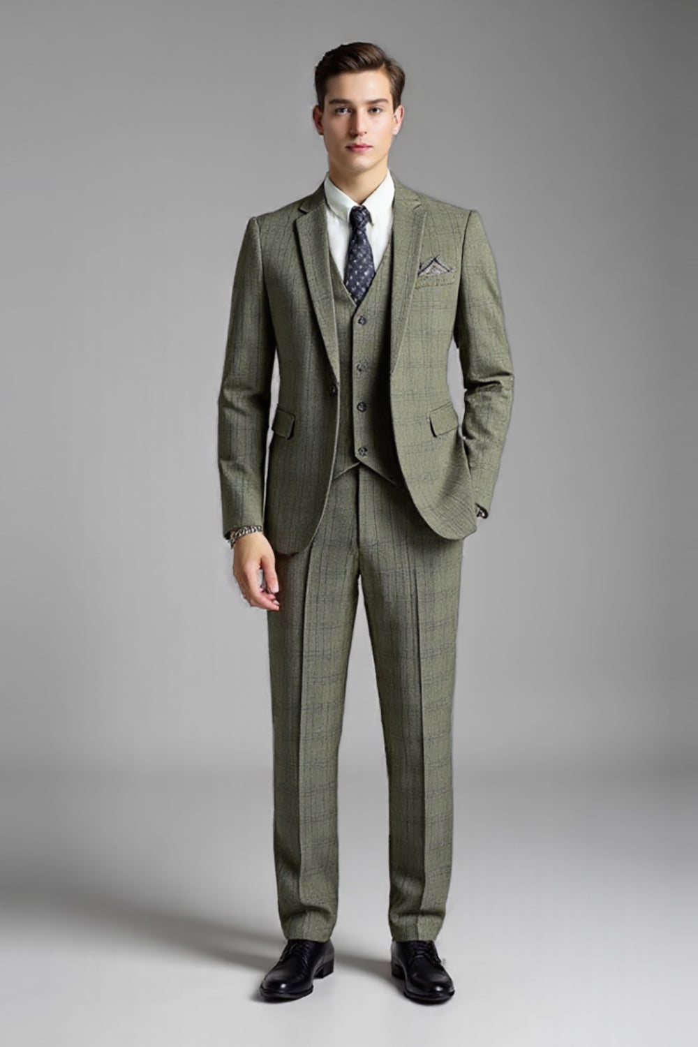 Grey Green 3 Piece Notched Lapel Plaid Formal Men's Suits