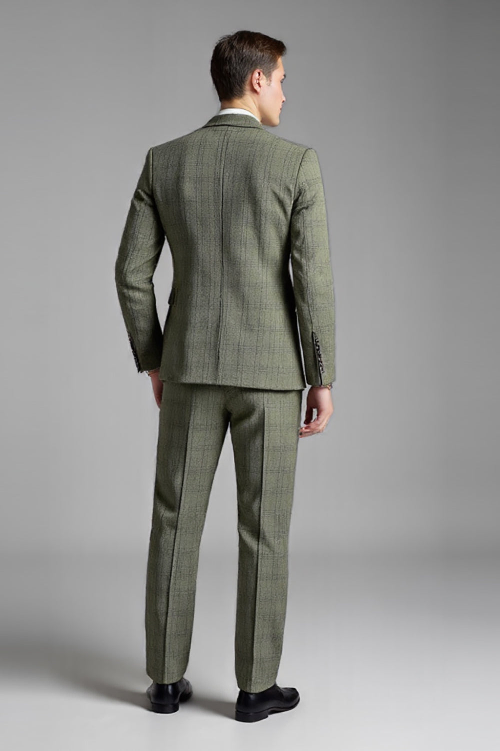 Grey Green 3 Piece Notched Lapel Plaid Formal Men's Suits