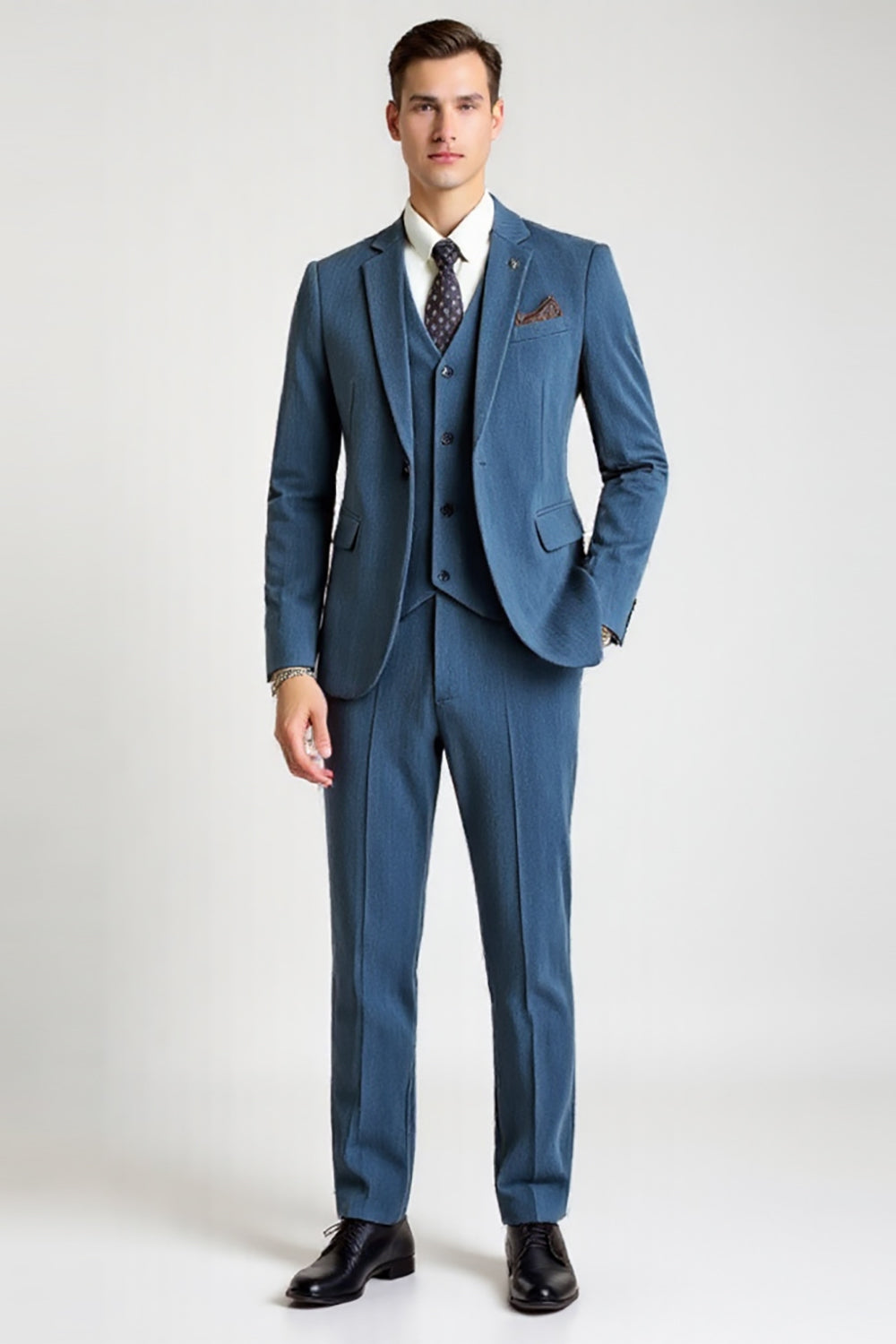 3 Piece Notched Lapel Single Breasted Blue Men's Formal Suits
