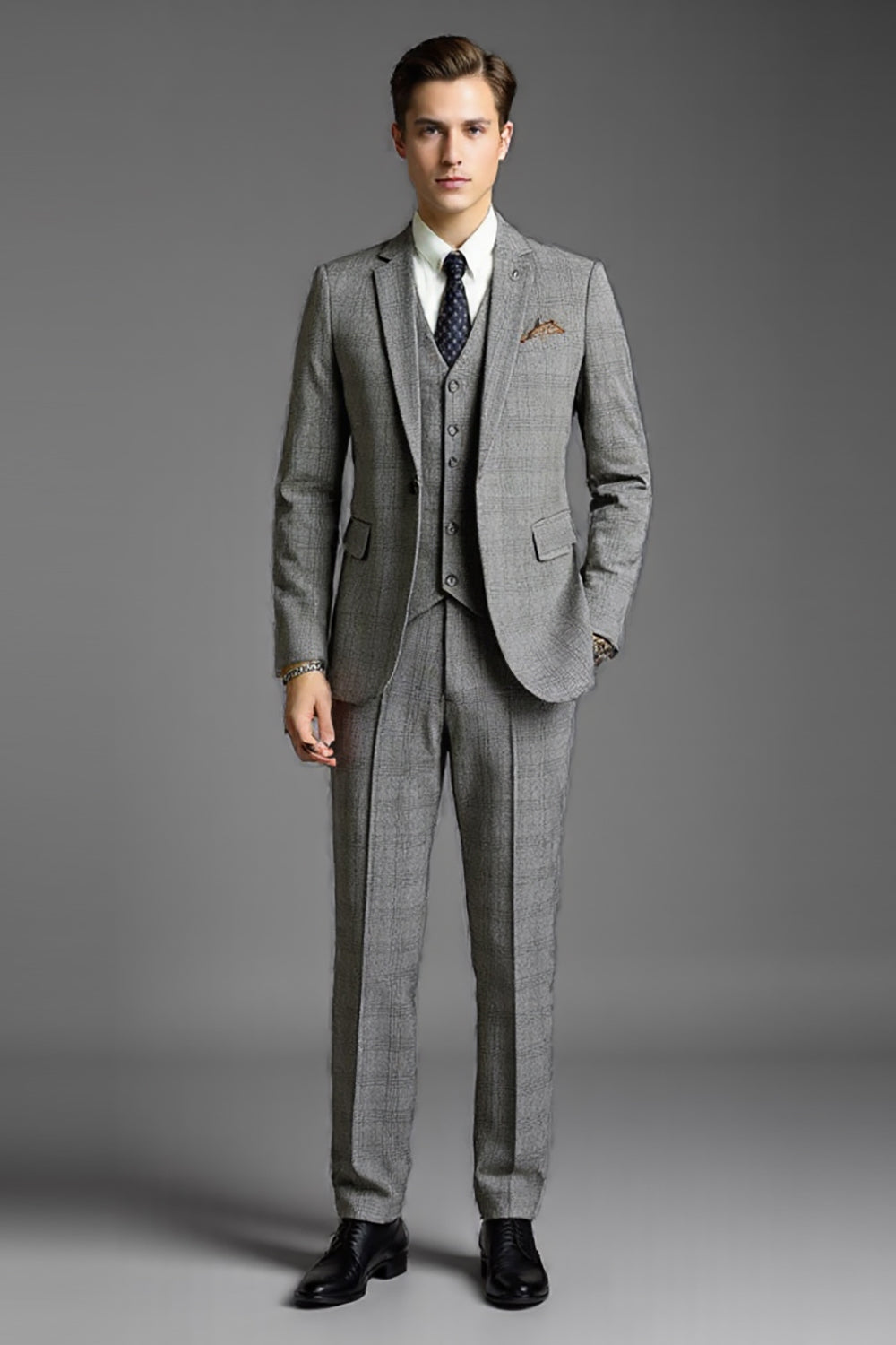 Grey Notched Lapel 3 Piece Plaid One Button Men's Formal Suit