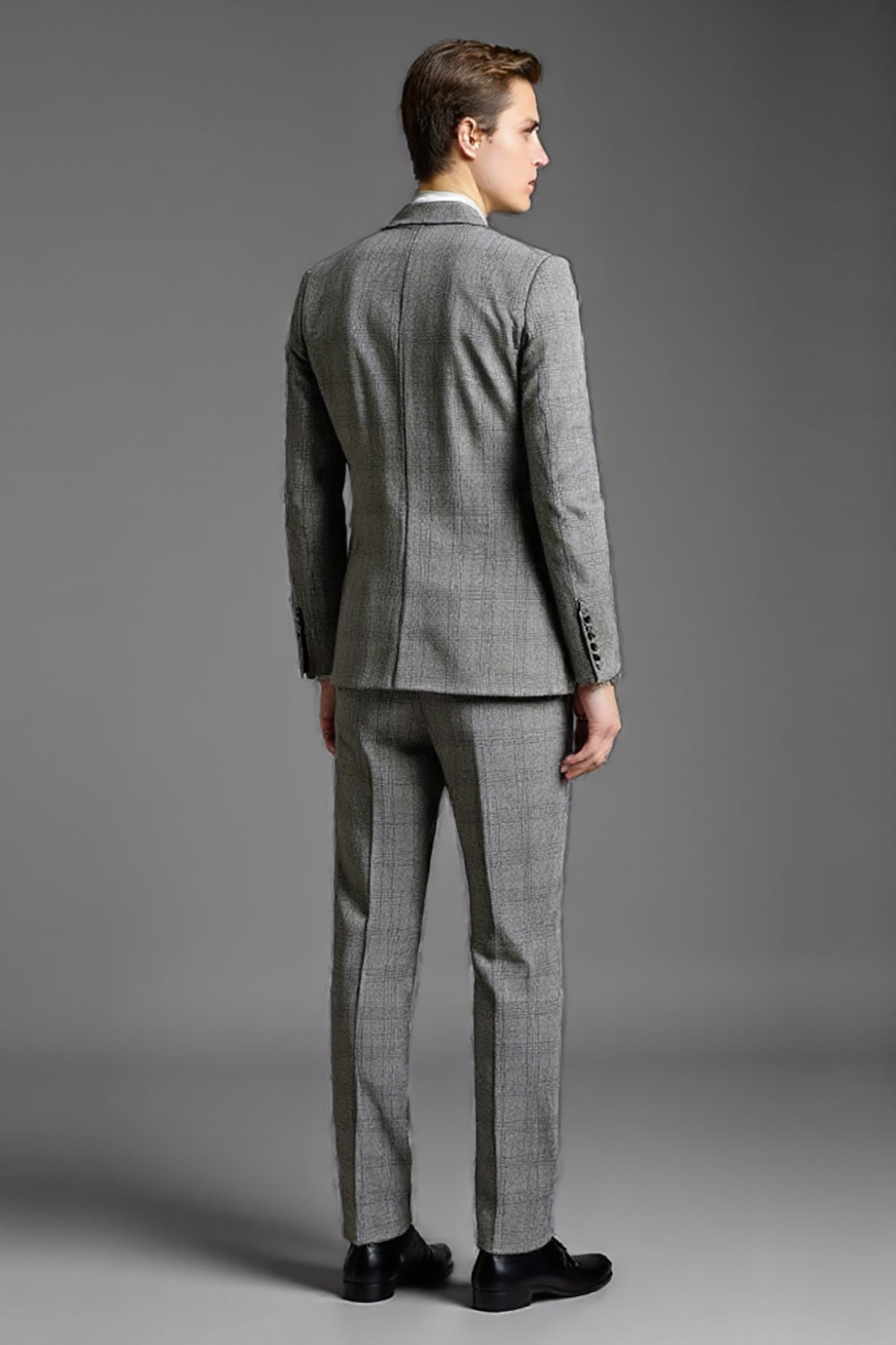 Grey Notched Lapel 3 Piece Plaid One Button Men's Formal Suit