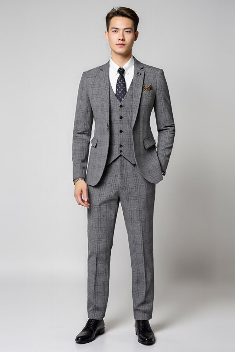 Grey Plaid Notched Lapel 3 Pieces Men's Formal Suits