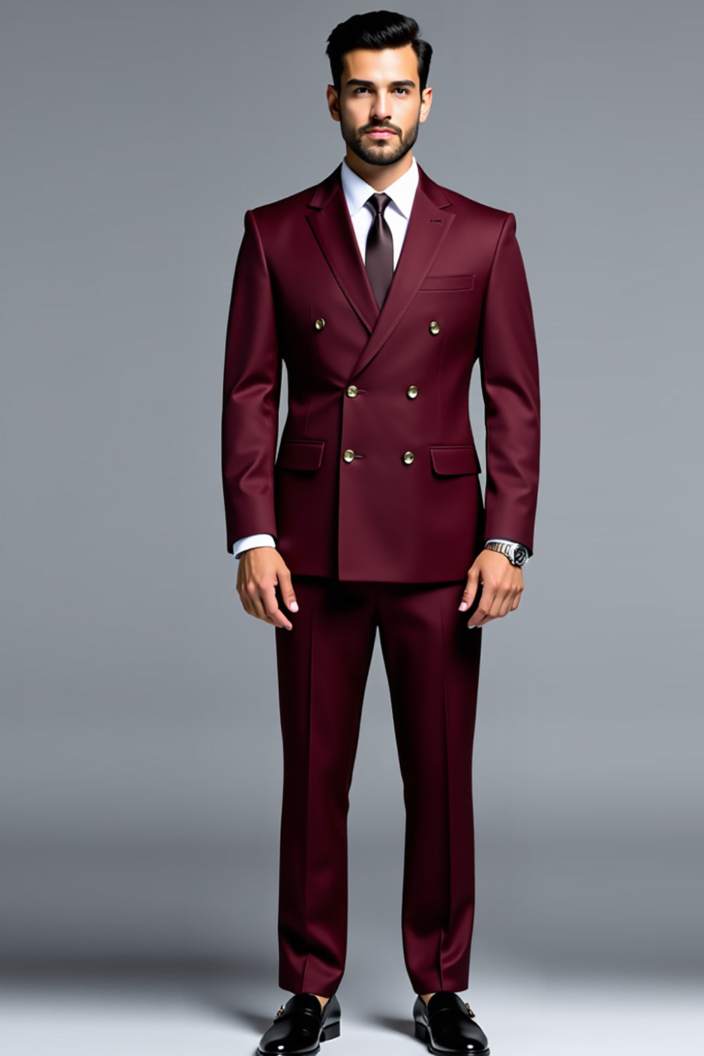 Leely Men Burgundy 2 Piece Prom Suits Double Breasted Notched Lapel Party Suits