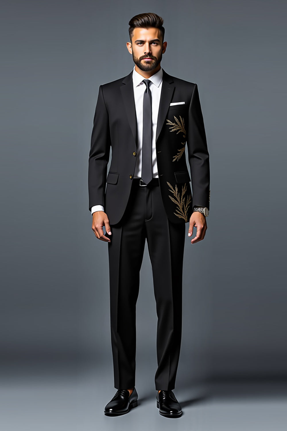 Black Slim Fit 2 Piece Single Breasted Men's Suit with Gold Embroidery