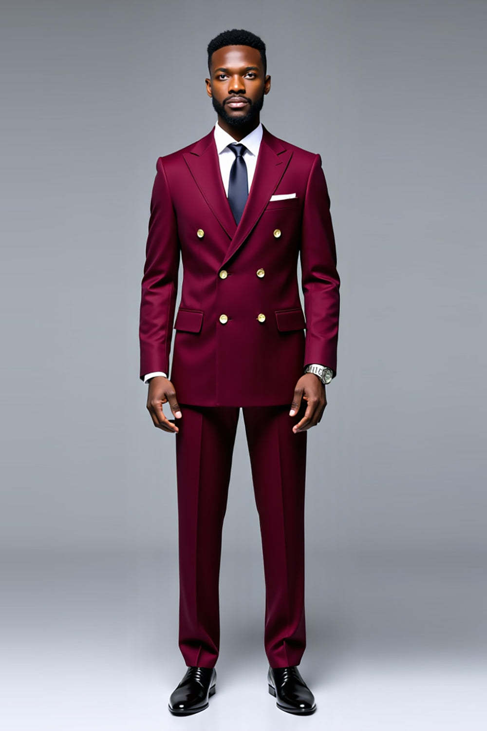 Leely Men Burgundy 2 Piece Prom Suits Peak Lapel Double Breasted Party Blazer
