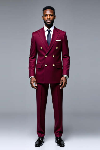 Leely Men Burgundy 2 Piece Prom Suits Peak Lapel Double Breasted Party Blazer