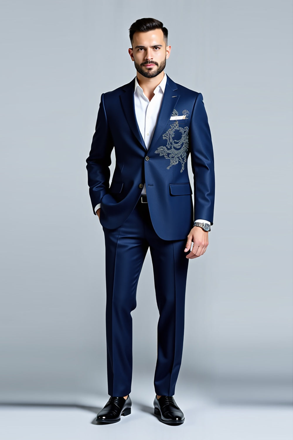 Dark Blue Embroidered Notched Lapel 2 Piece Men's Suits