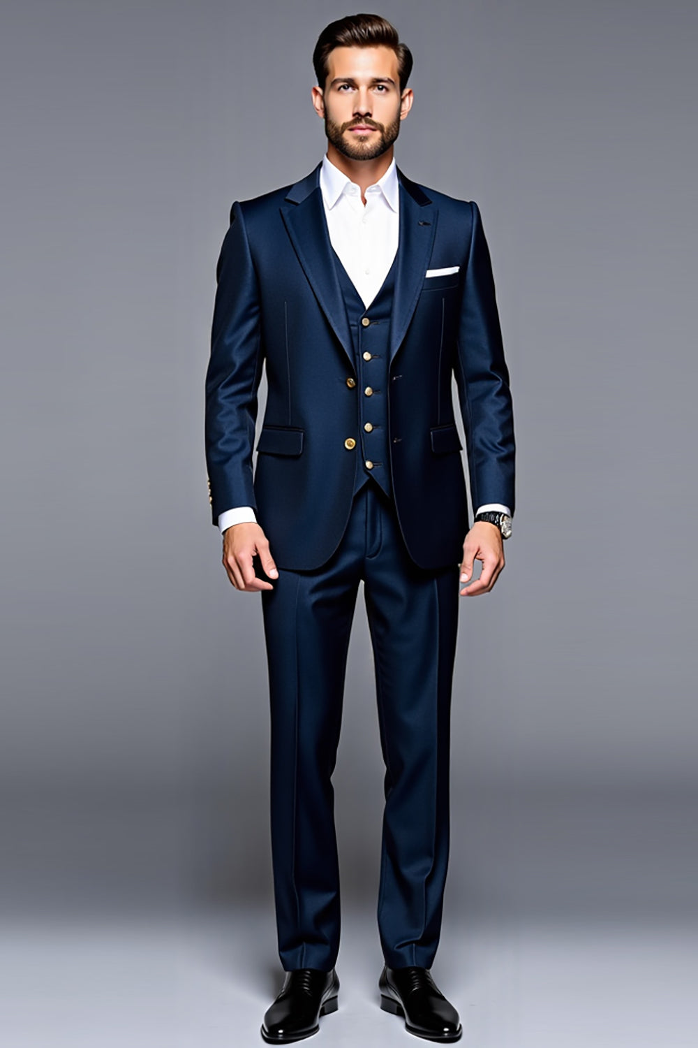 Dark Blue 3 Piece Notched Lapel Men's Party Suits