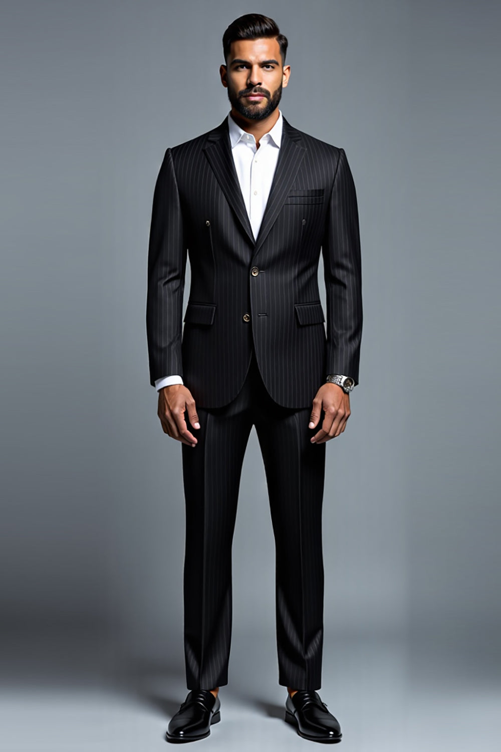 Black 2 Piece Notched Lapel Stripe Men's Suits