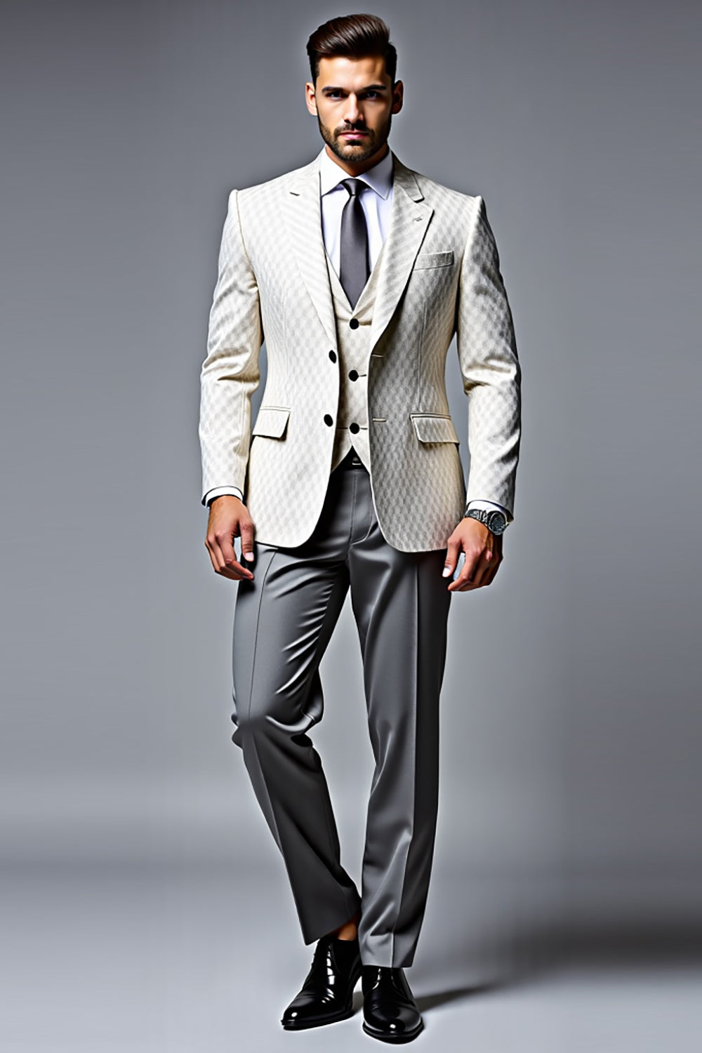 Men's Lvory Single Breasted Notched Lapel 3 Piece Prom Suits