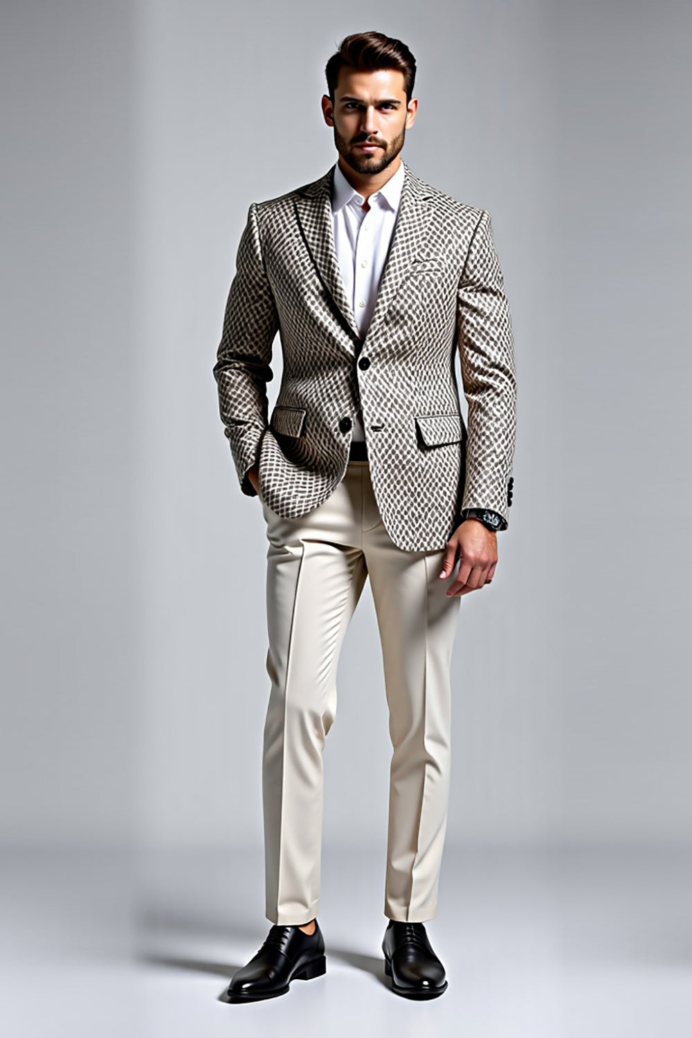 Grey Lapel Single Breasted 2 piece Notched Lapel Printed Men's Suits