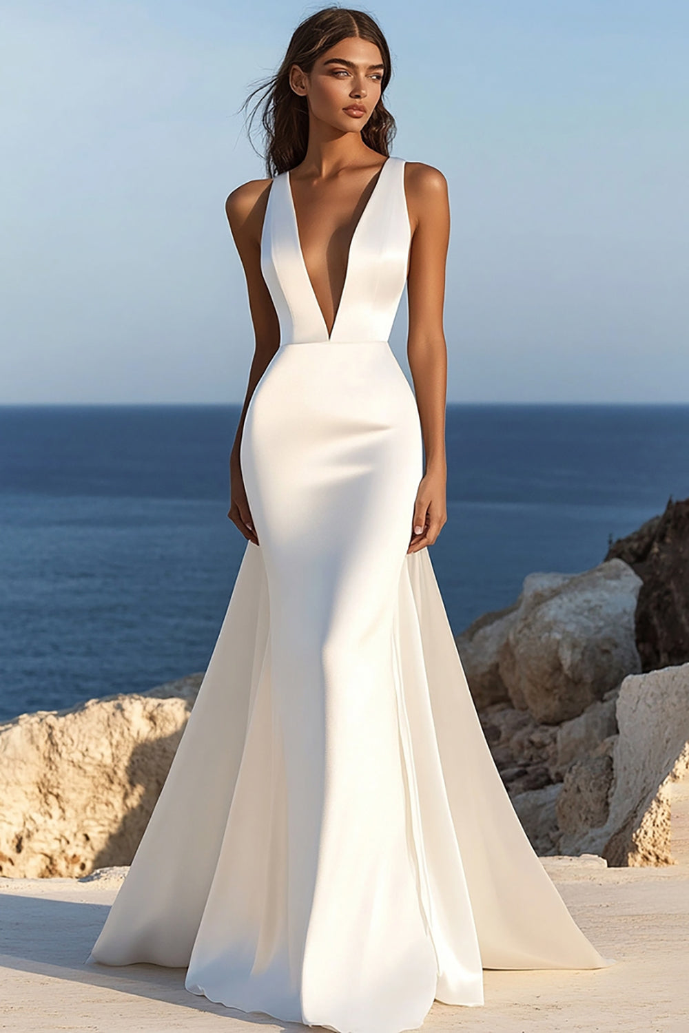 Ivory Satin Sweep Train V Neck Mermaid Wedding Dress