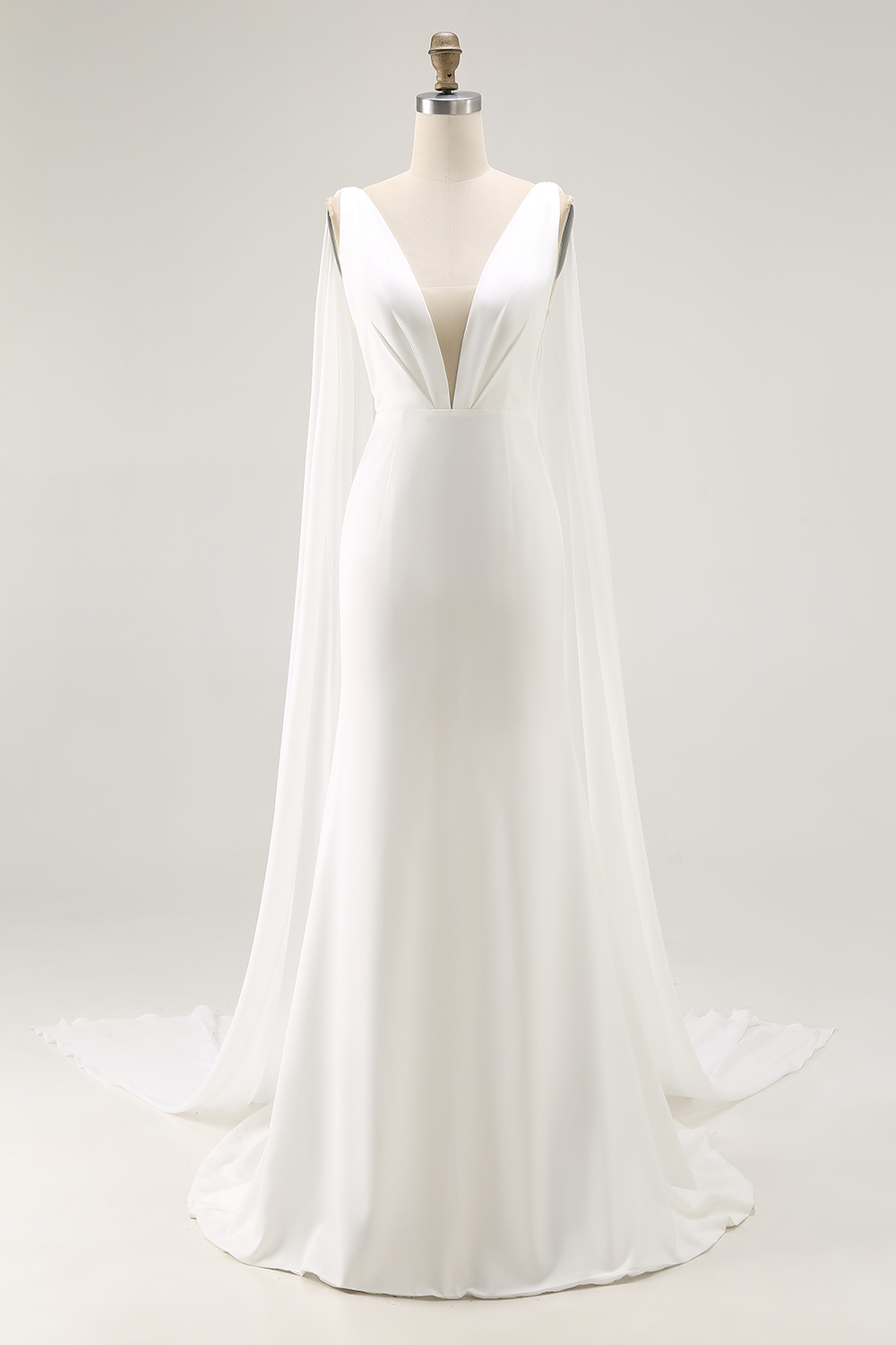 Elegant Ivory Satin Watteau Train V Neck Mermaid Wedding Dress