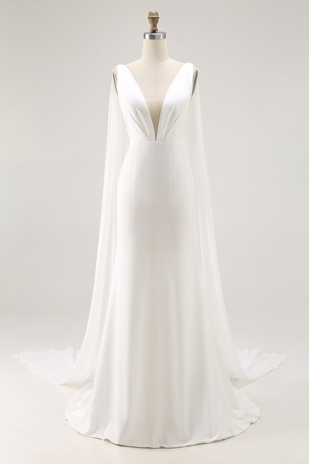 Elegant Ivory Satin Watteau Train V Neck Mermaid Wedding Dress