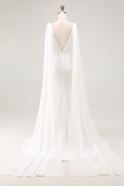 Elegant Ivory Satin Watteau Train V Neck Mermaid Wedding Dress