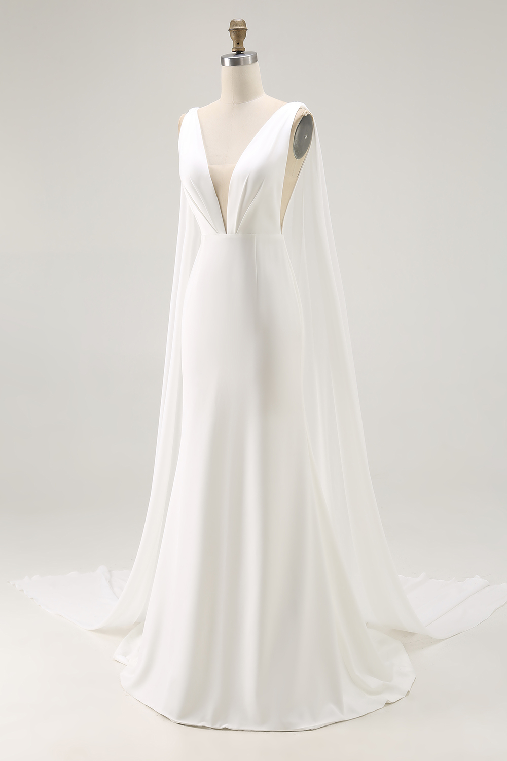 Ivory Satin Watteau Train V Neck Mermaid Long Wedding Dress