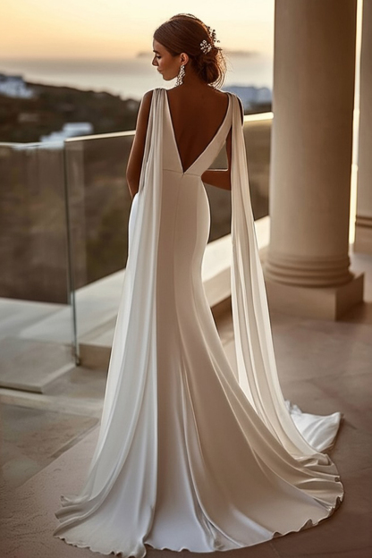 Elegant Ivory Satin Watteau Train V Neck Mermaid Wedding Dress
