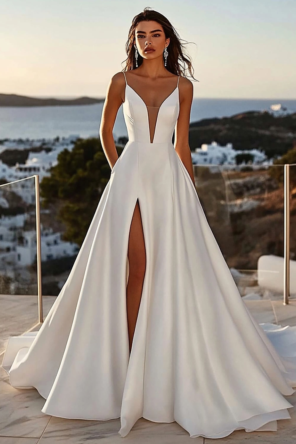 Ivory Satin Sweep Train Spaghetti Straps A Line Wedding Dress with Slit