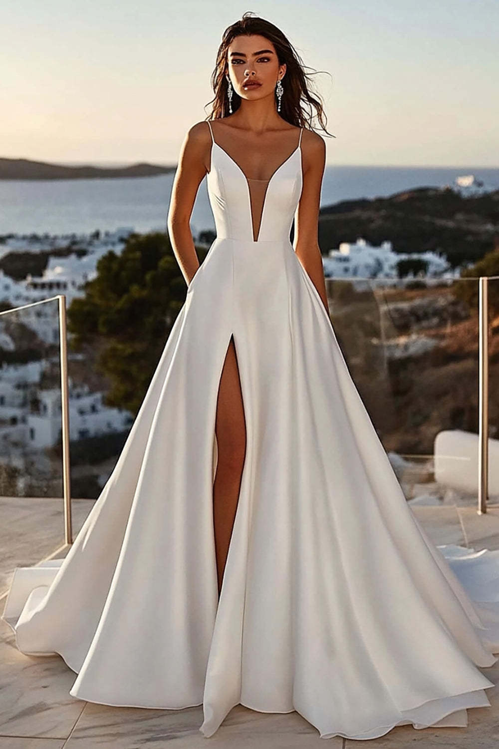 Leely Women Ivory Satin A Line Wedding Dress with Slit Sleeveless Spaghetti Straps Sweep Train Bridal Dress