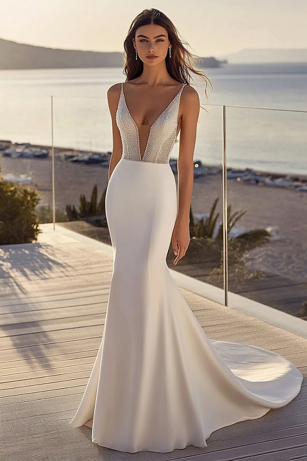 Ivory Satin V Neck Sweep Train Mermaid Wedding Dress