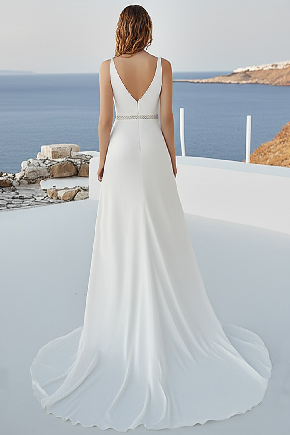 Ivory A Line Deep V-Neck Long Wedding Dress with High Slit