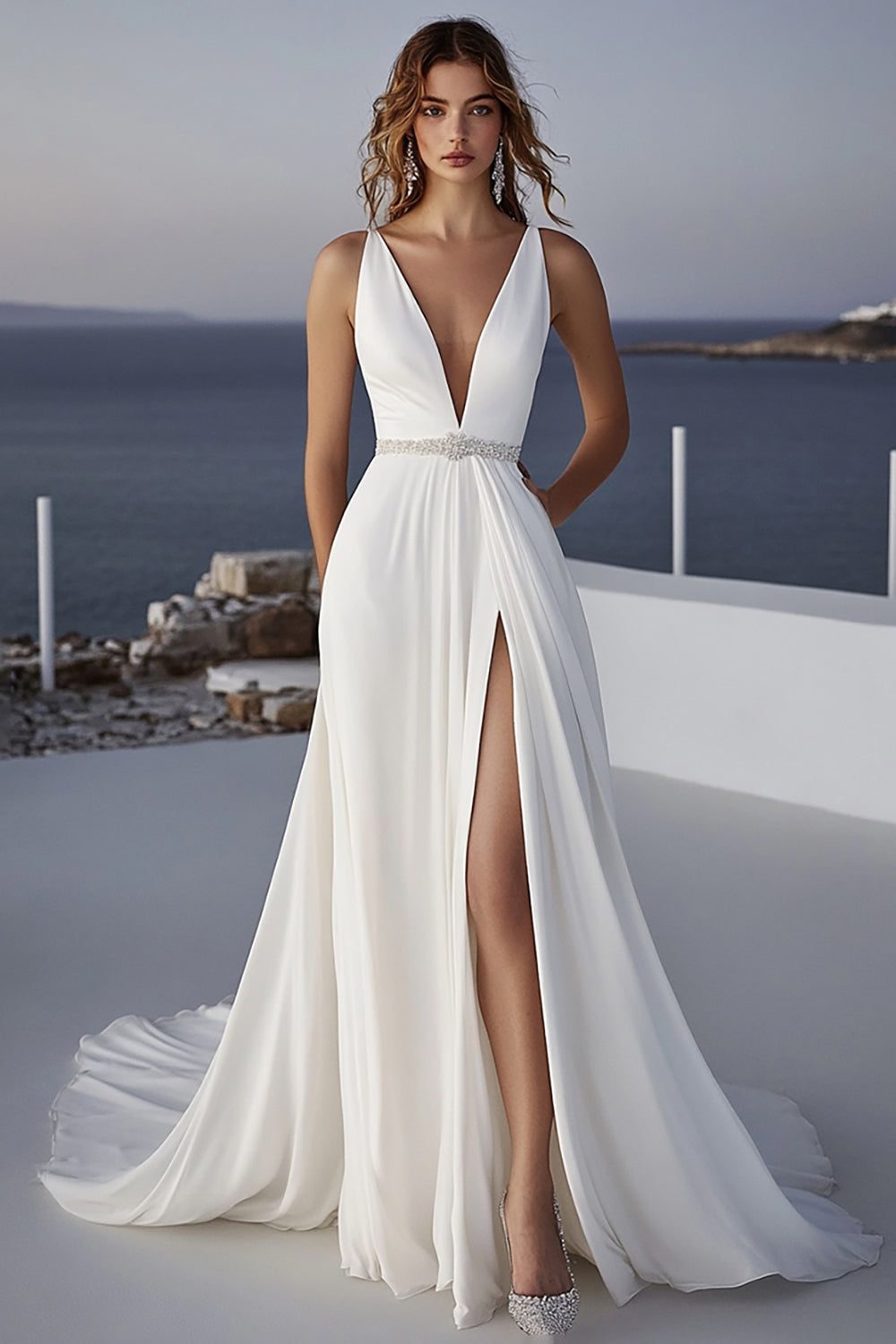 Ivory A Line Deep V-Neck Long Wedding Dress with High Slit