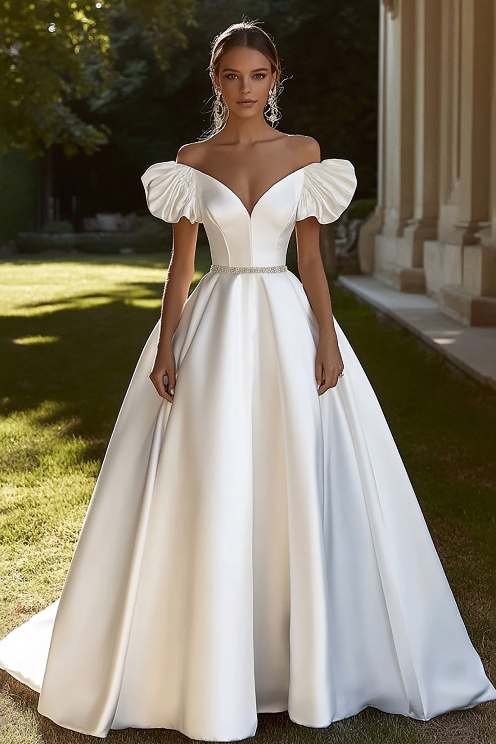 Ivory Satin Ball Gown Sweep Train Off the Shoulder Wedding Dress