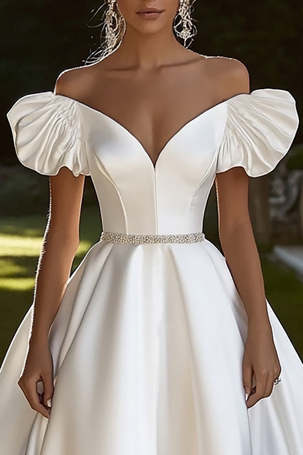 Ivory Satin Ball Gown Sweep Train Off the Shoulder Wedding Dress