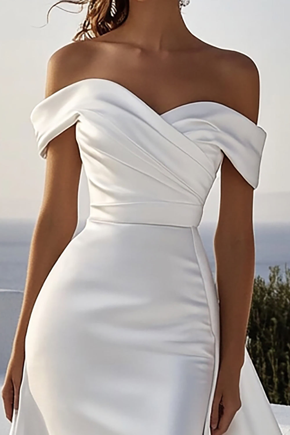 Elegant Ivory Satin Off the Shoulder Ruched Sweep Train Wedding Dress