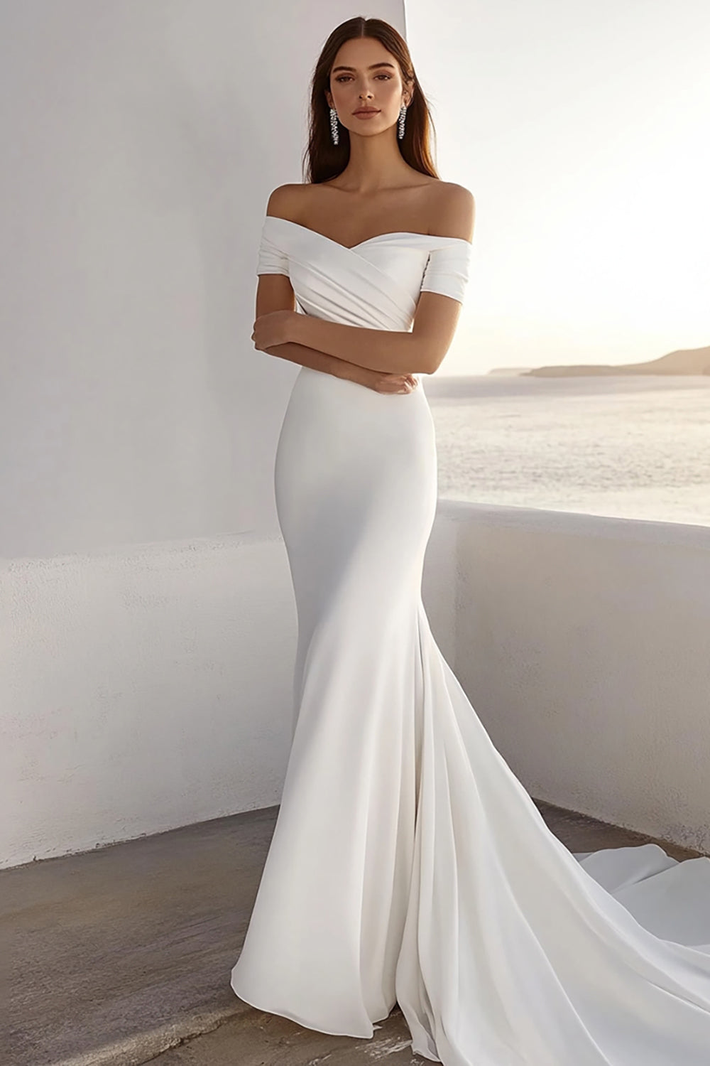 Simple Ivory Sweep Train Off the Shoulder Sheath Wedding Dress
