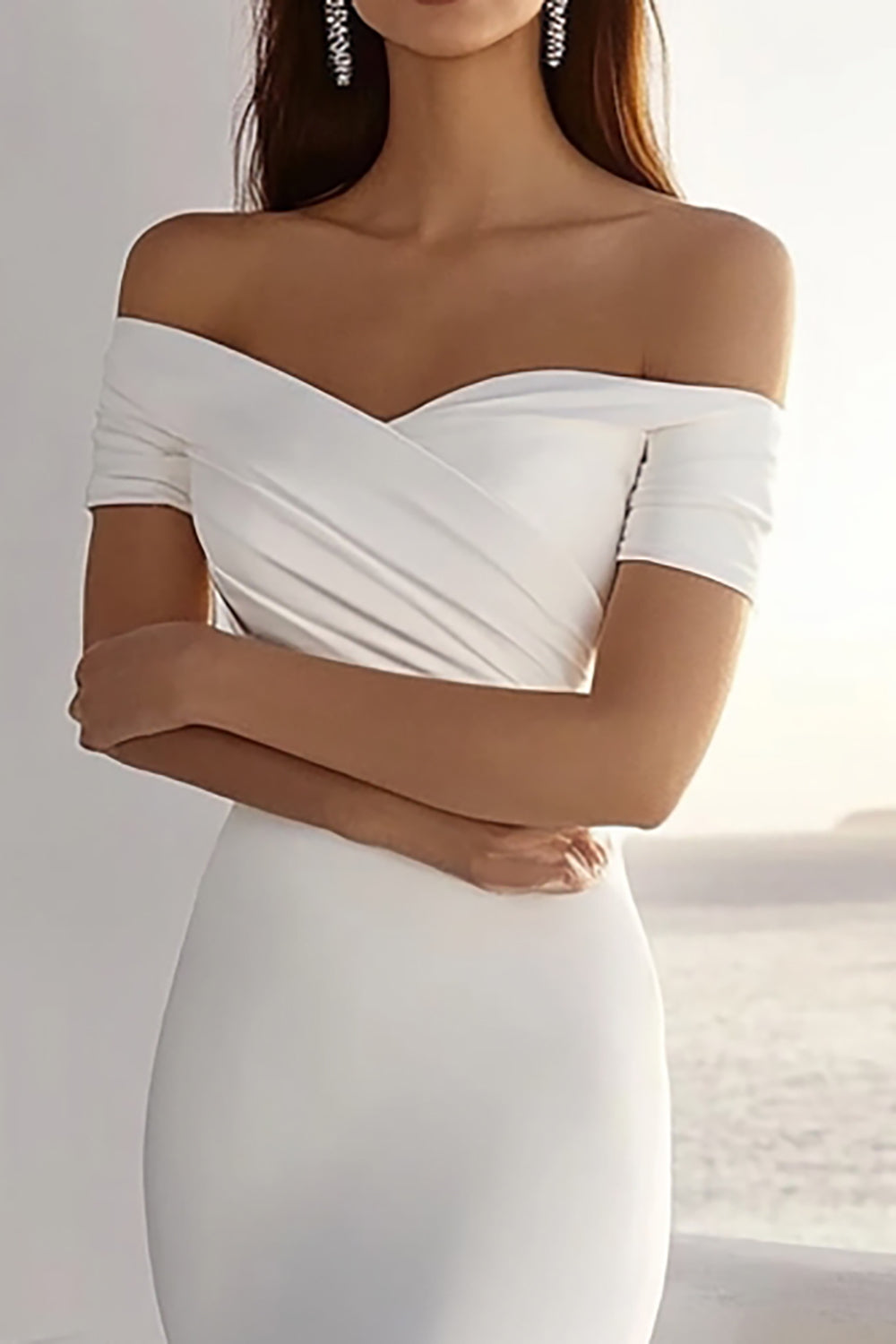 Simple Ivory Sweep Train Off the Shoulder Sheath Wedding Dress