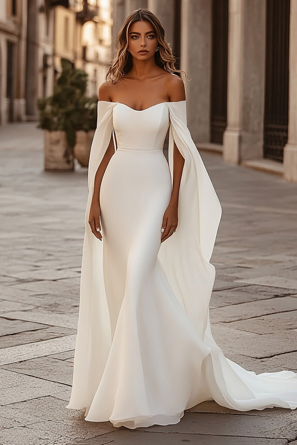 Ivory Sweep Train Strapless Sheath Wedding Dress with Side Cape