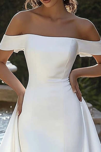 Ivory Sweep Train Off the Shoulder High-Low Wedding Dress