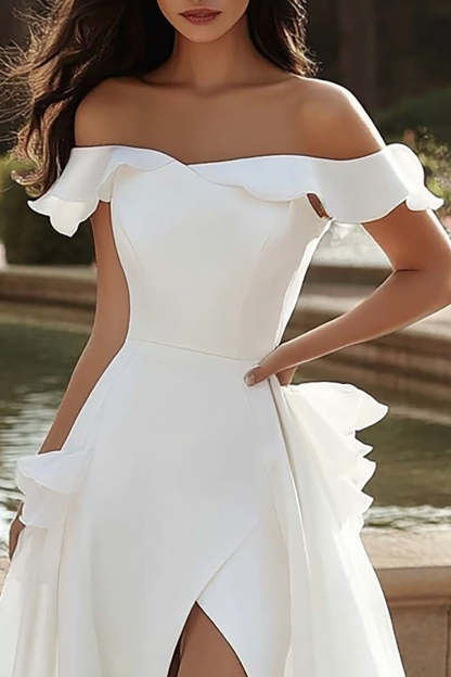 A Line Ivory Sweep Train Ruffled Wedding Dress with Slit