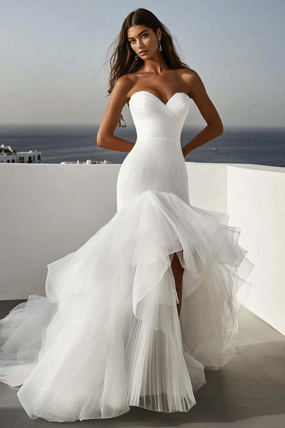Leely Women Ivory Sweetheart Sweep Train High-Low Wedding Dress Strapless Tulle Ruffled Long Bridal Dress