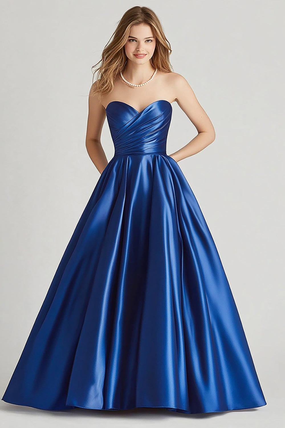Dark Blue Ball Gown Strapless Sweetheart Maxi Satin Prom Dress